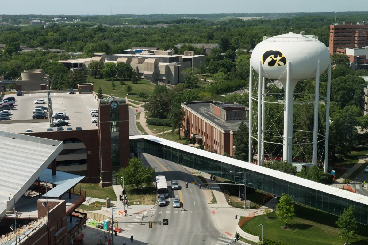Aerial photo of water tower outside kinnick stadium