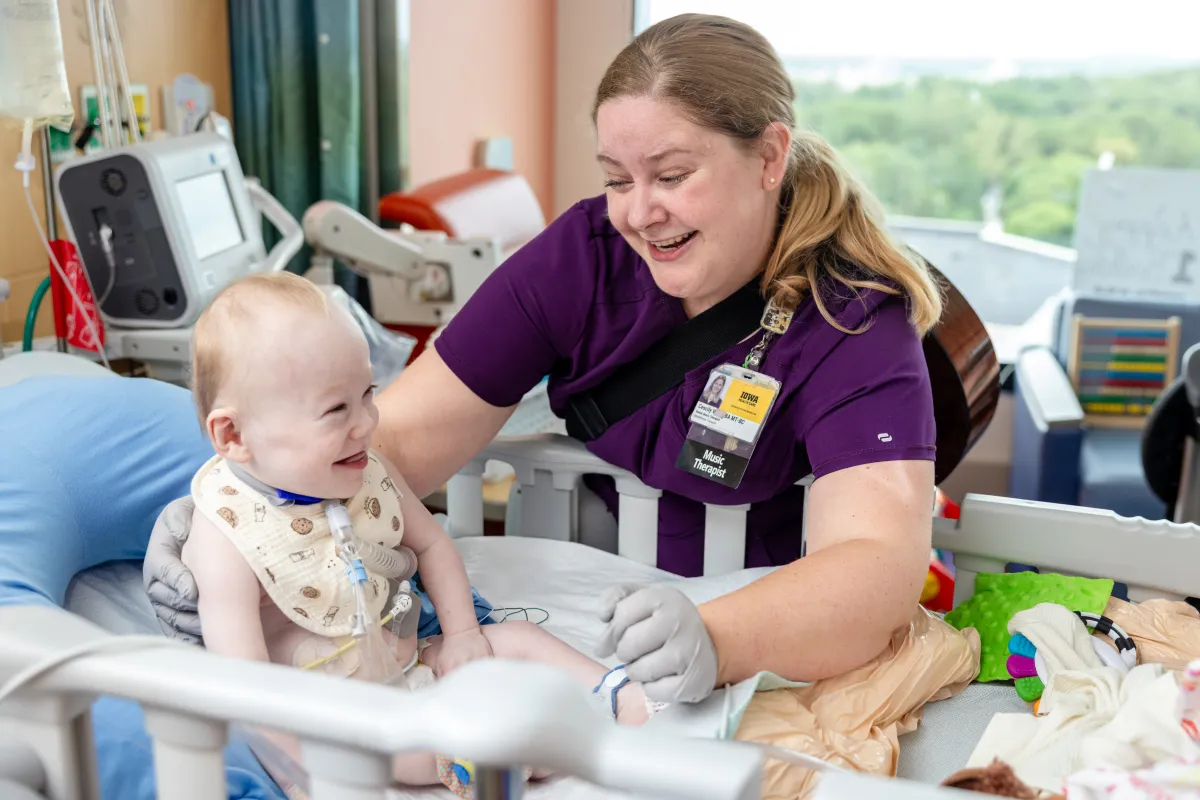 Cescily Vance, MT-BC, Senior Music Therapist, with patients at UI Health Care Stead Family Children’s Hospital. Music therapy at the UI Health Care university medical campus on Wednesday, June 10, 2026. Patient consents on file.